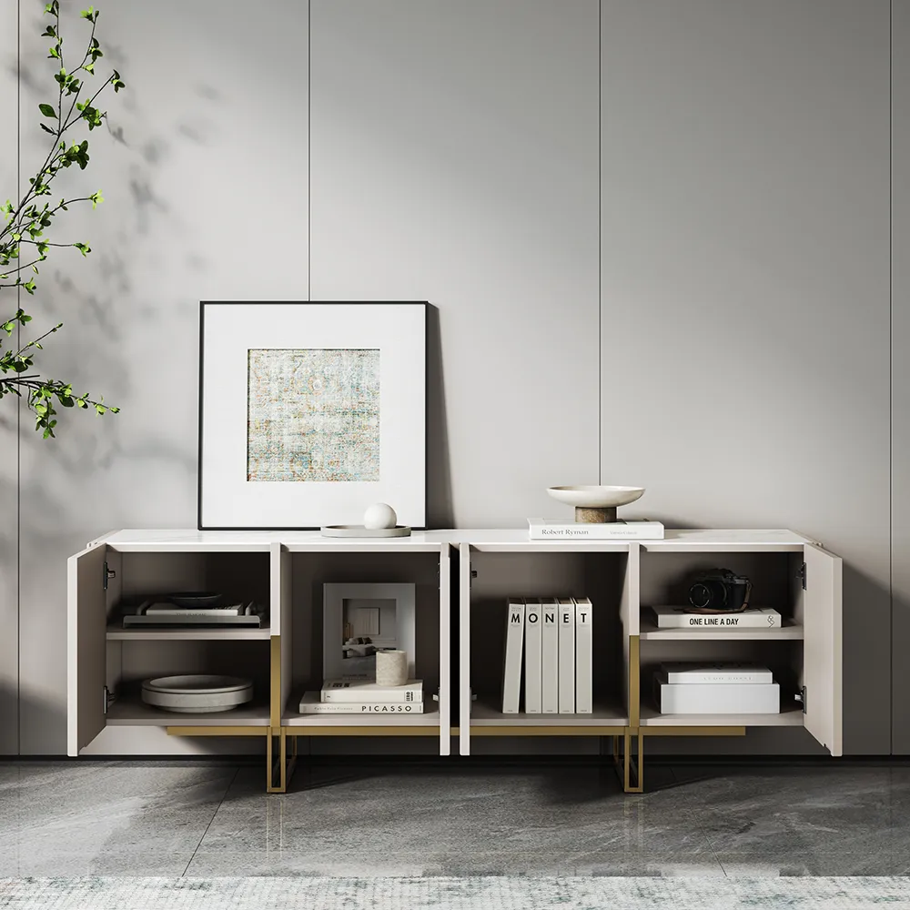 87" Stone Top Walnut TV Stand Minimalist Media Console with 4 Doors & 6 Shelves — image 14