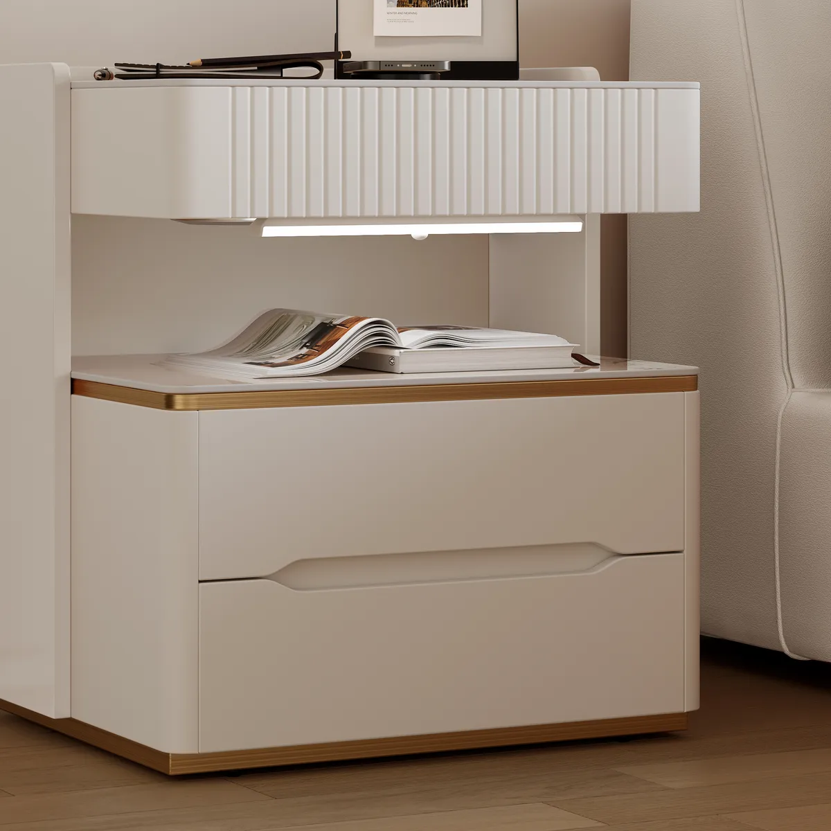 Modern Smart Nightstand with Wireless Charger & Sensor Light & Bluetooth Speakers Sintered Stone Bedisde Table — image 7