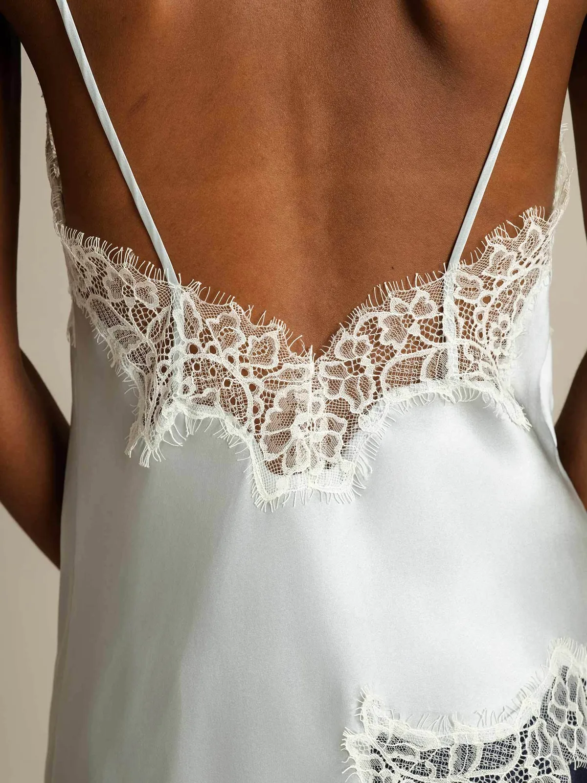 100% Mulberry Silk Spaghetti Straps Lace Camisole Top with Asymmetrical Hem — image 5