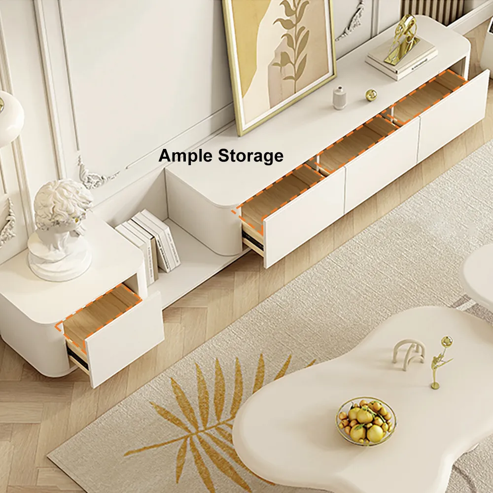 107.8" Off White Modern Wood Extendable TV Stand with 4 Drawer Retracted Cream Media Console — image 10