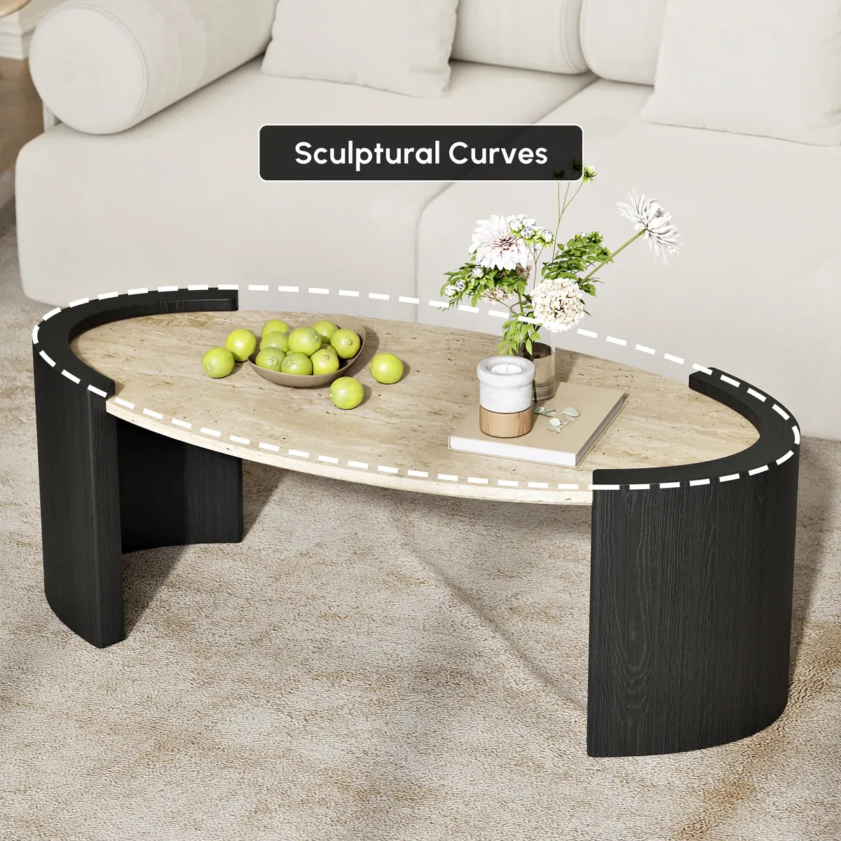 43" Japandi Oval Travertine Stone Top Coffee Table — image 15