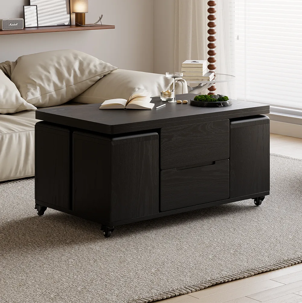 Modern Walnut Lift Top Coffee Table 4 in 1 with Storage Ottoman Foldable and Casters — image 3