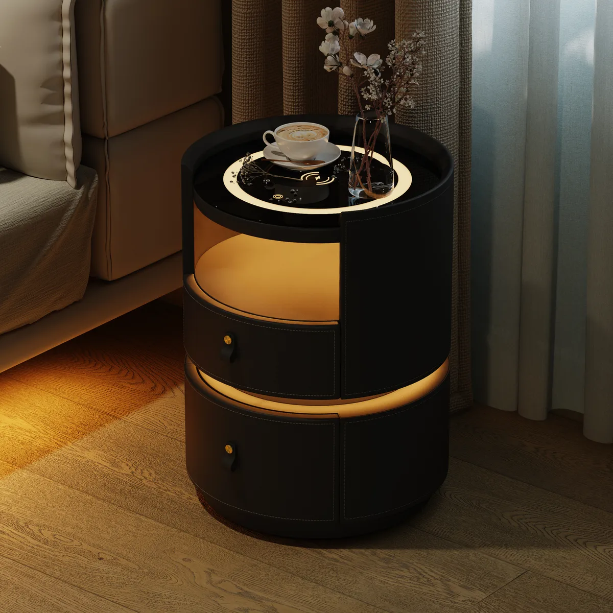 Modern Saddle Leather Smart LED Nightstand — image 2