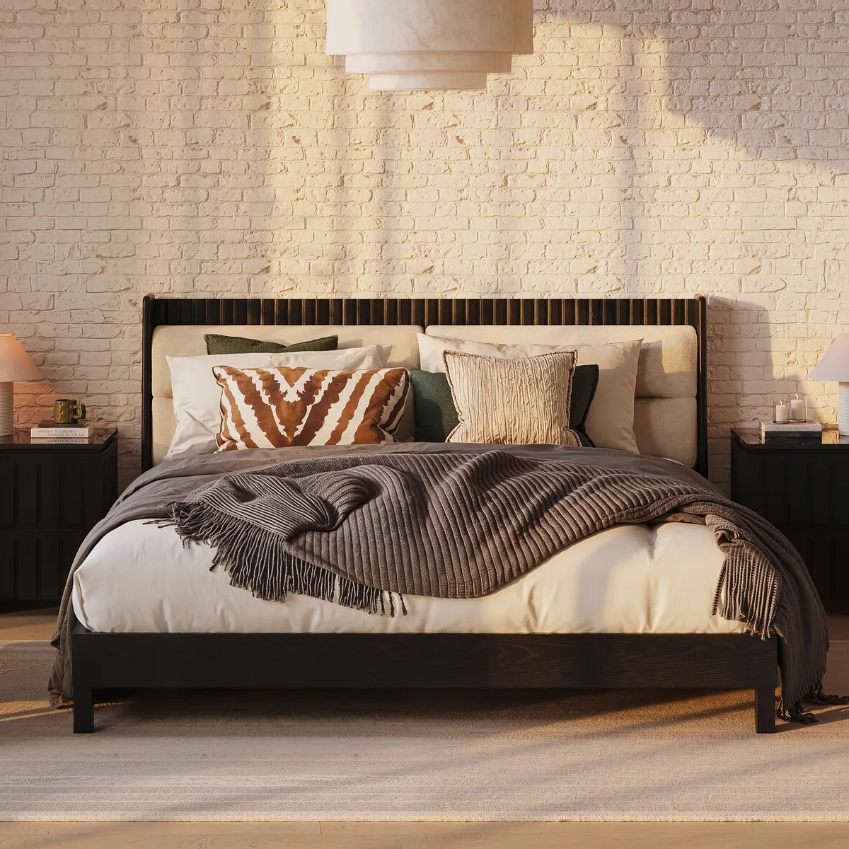 Modern Black Queen Size Solid Wood Bed with Boucle Headboard Pillows — image 3