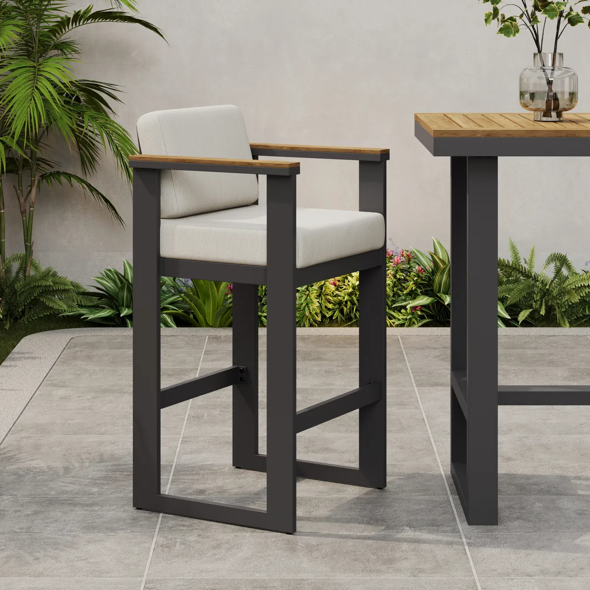 Tevara Outdoor Aluminum Frame & Teak Wood Armrest Bar Stools — image 25
