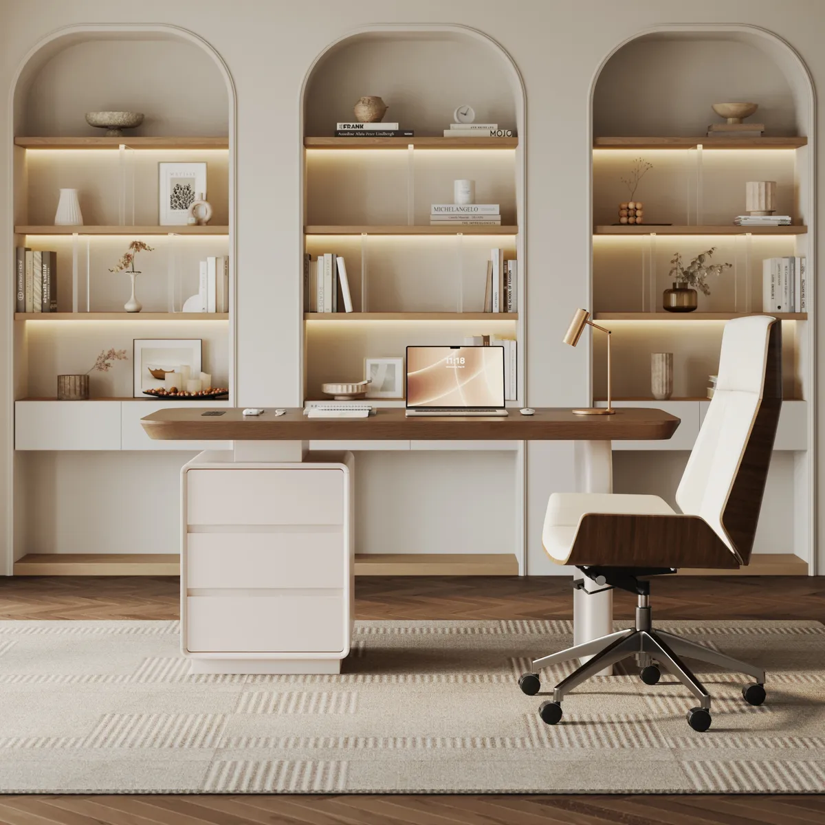Modern 63” Rectangular Walnut Wood Desk with charging station & storage — image 5