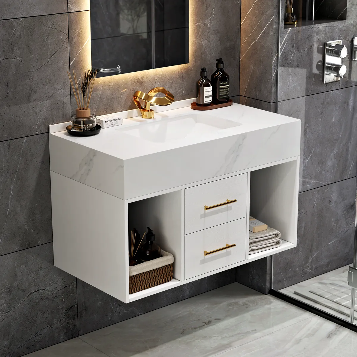 35.4" Floating Bathroom Vanity with Cultured Marble Vessel Sink with 2 Drawers