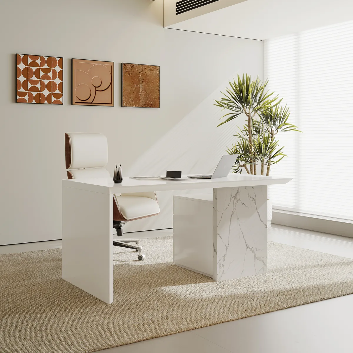60" Modern MDF & Marble Veneer Desk & Off White Home Office Chair Set High Back
