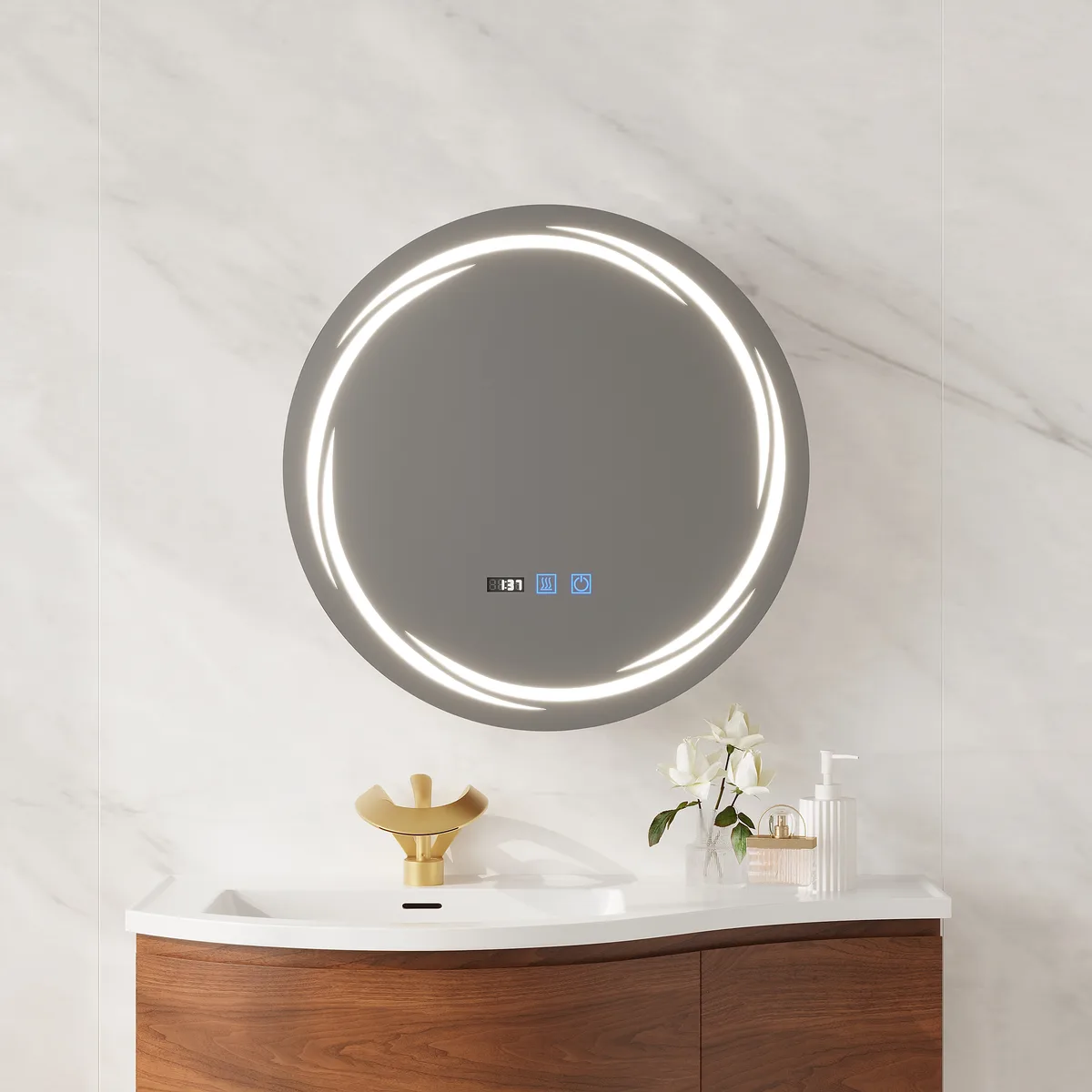 24" Round LED Walnut Medicine Cabinet with Storage, Anti-Fog, Dimmable — image 22