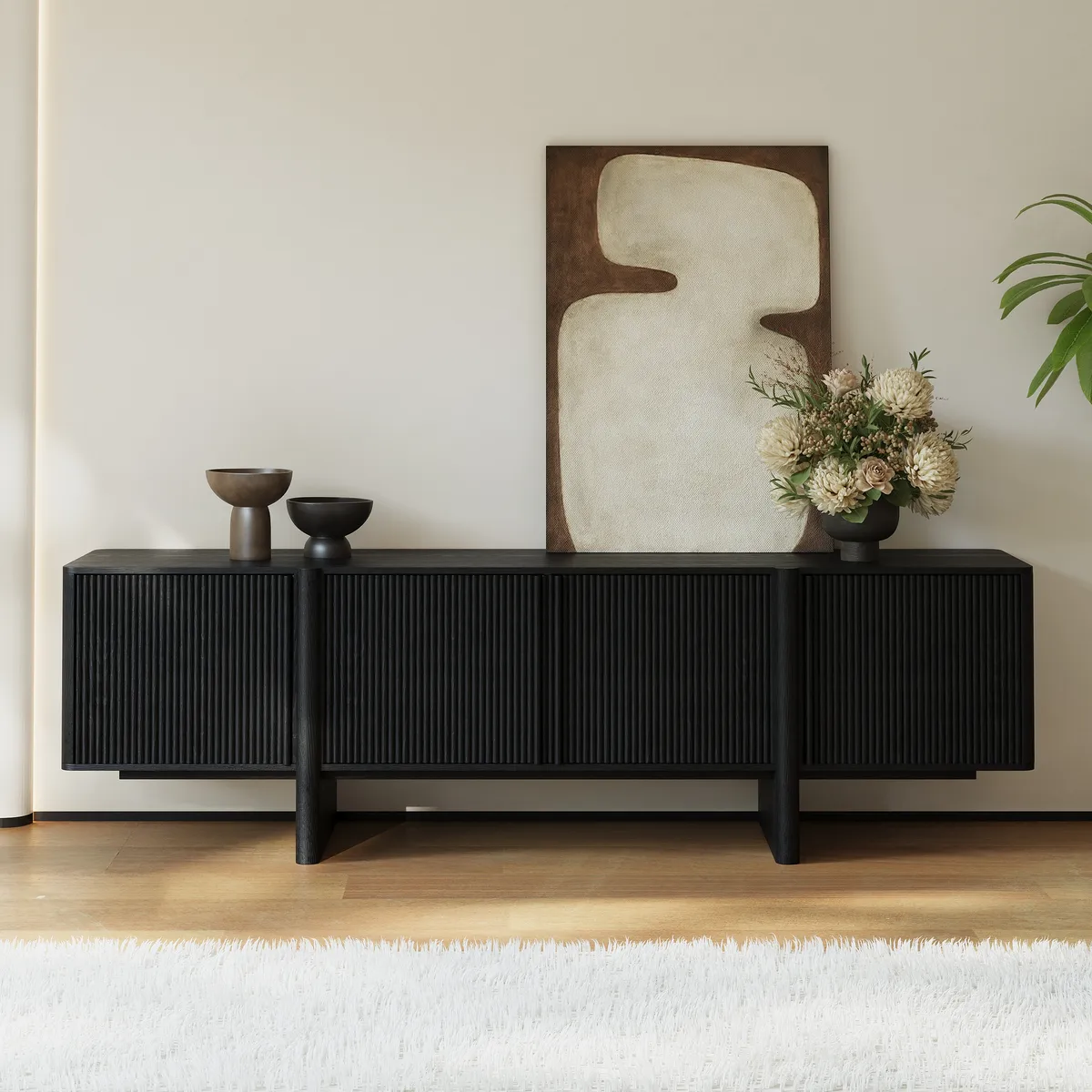 80" Solid Wood Fluted Black TV Stand with Cabinets — image 3