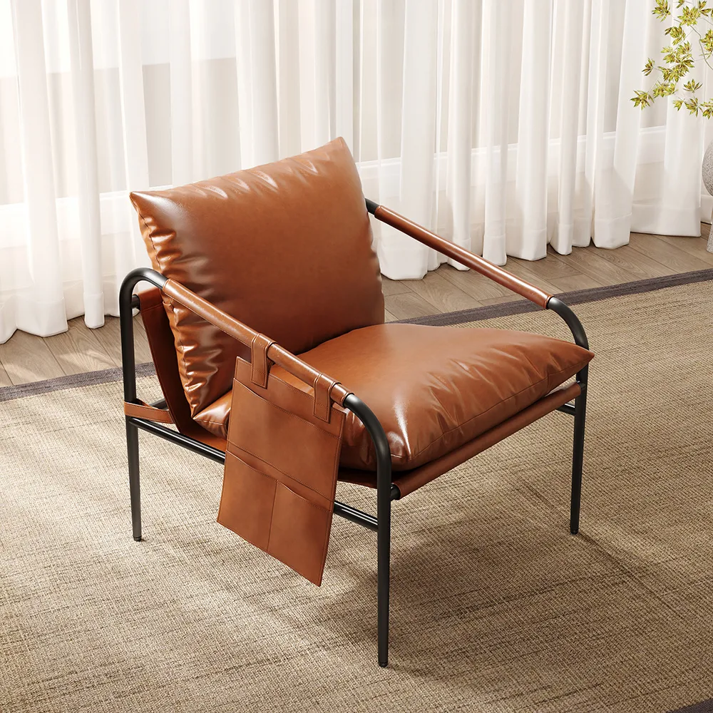 Mid-Century PU Leather Accent Chair Armchair with Metal Leg in Black & — image 2