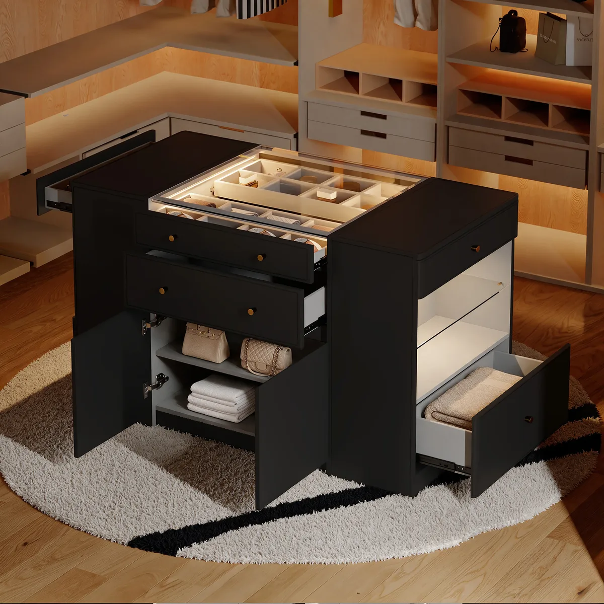 Selvo Saddle Leather Closet Island with Glass Top & Light — image 3