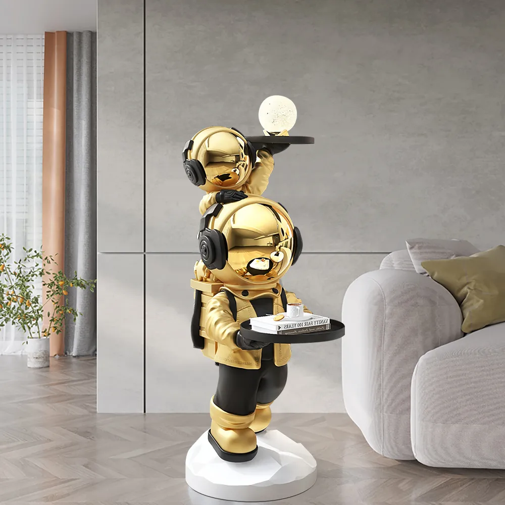 Silver Astronaut Side Table Floor Sculpture Modern End Table with Tray Top — image 2