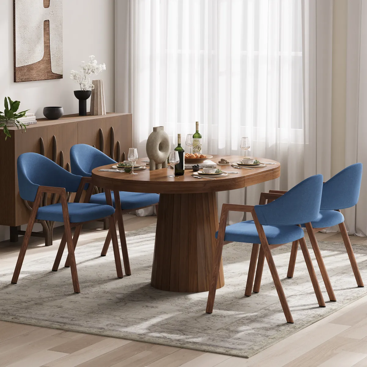 Blue Linen Upholstered 4-Piece Dining Chair Curved Back Chair — image 5