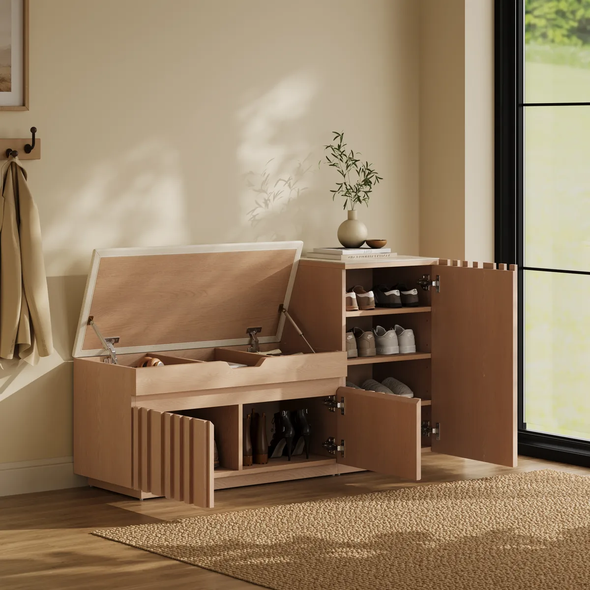 Aura 47” Wooden Shoe Storage Bench with Right-Side Cabinet for Entryway — image 15
