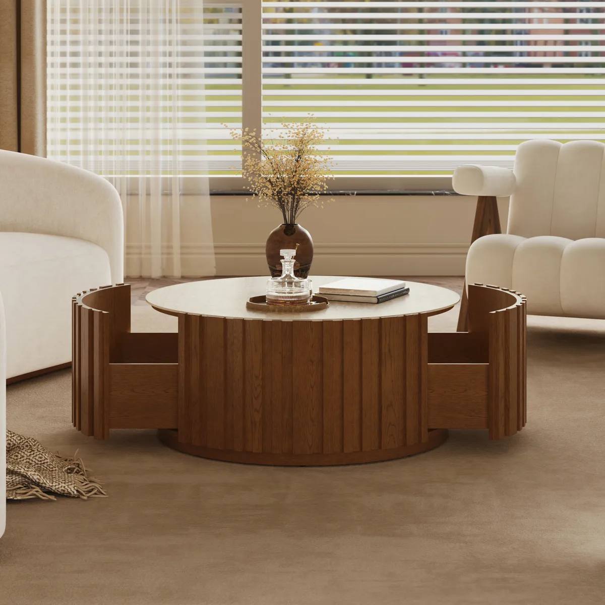 Aura 35" Ash Wood Slatted Round Coffee Table with Sintered Stone Top — image 14