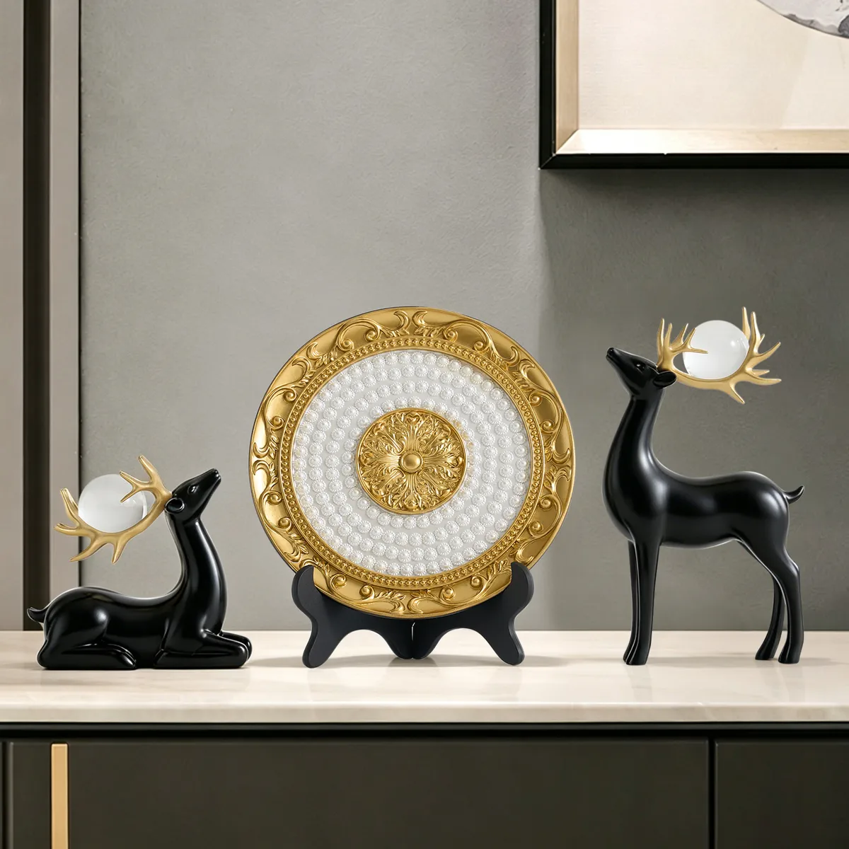 3PCS Black Deer Figurine with Decorative Plate Set Luxury Resin Animal Sculptures — image 3