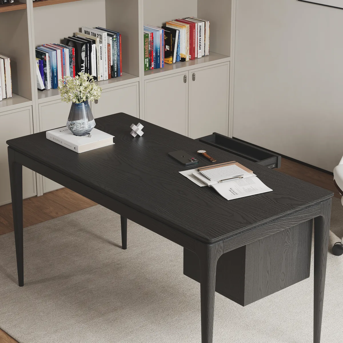 Mid-Century Style 55.1" Whitewash Ash Wood Home Office Desk with 3 Storage Drawers and Metal Accents — image 17