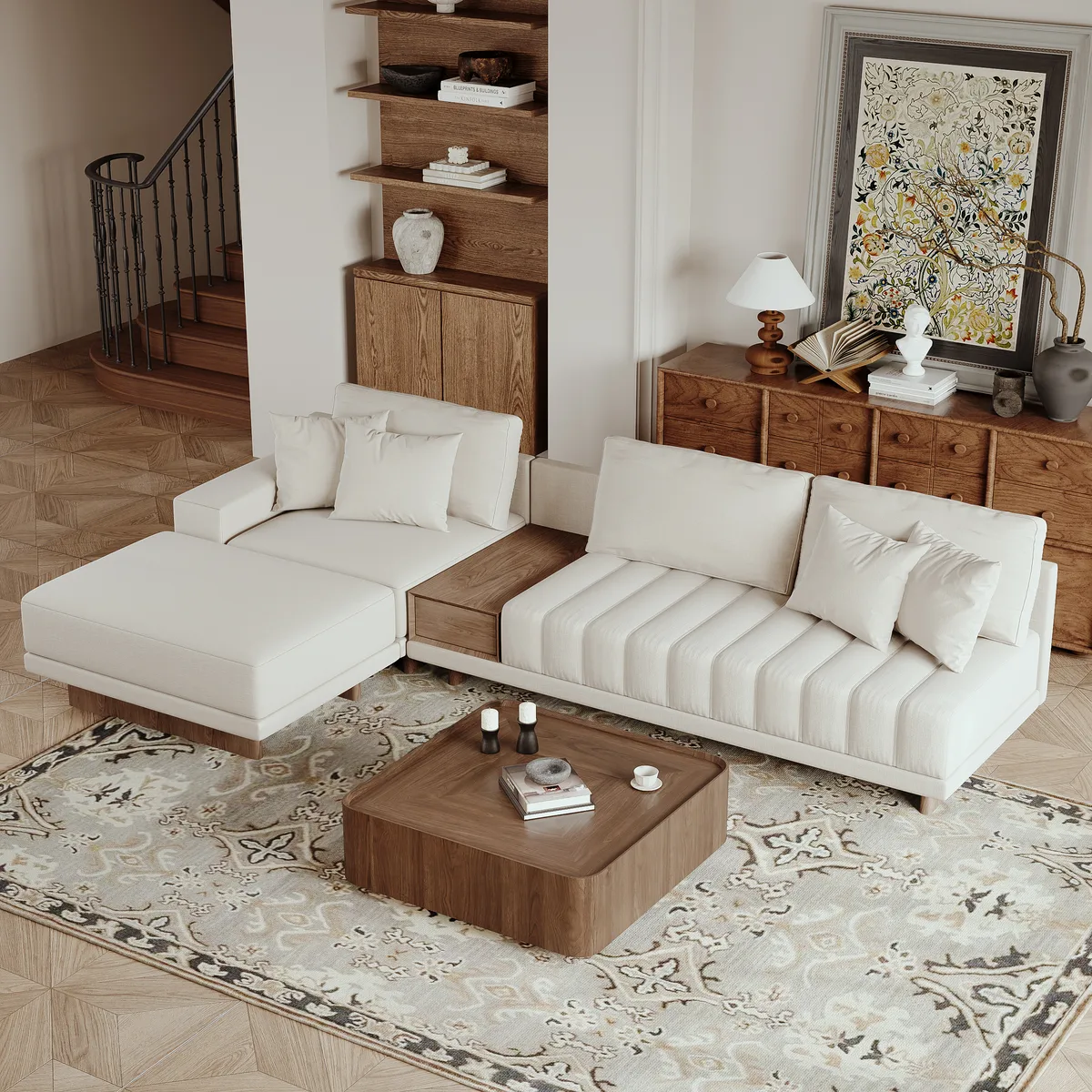 Modern Living Room Couch Set Fabric L-Shaped White Modular Sectional Sofa & Wood Block Coffee Table — image 2
