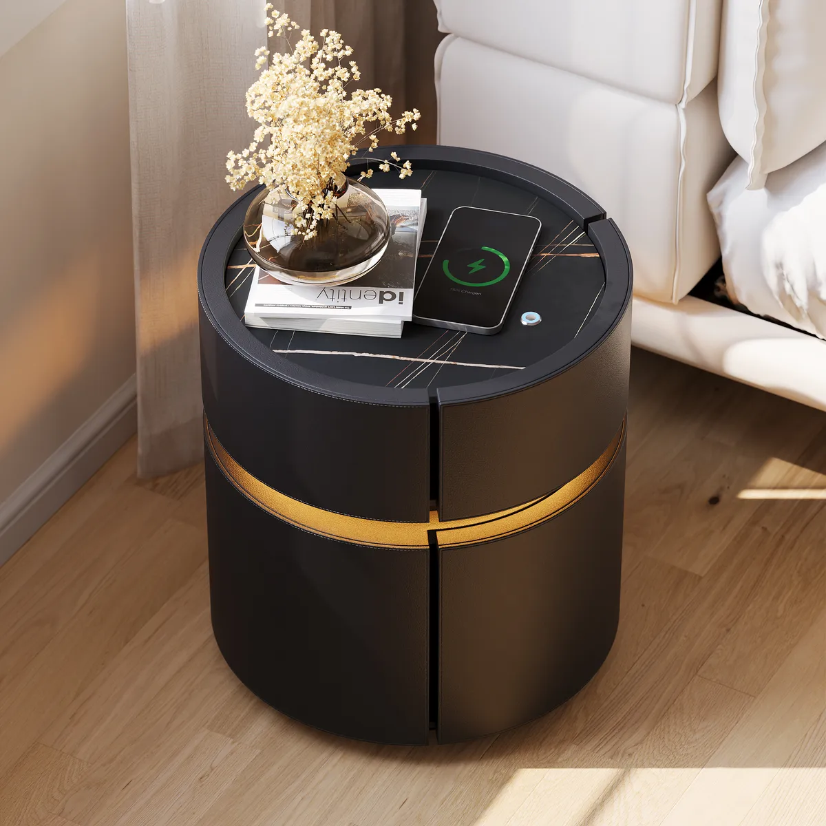 Round Saddle Leather Nightstand with Wireless Charging Bedside Table