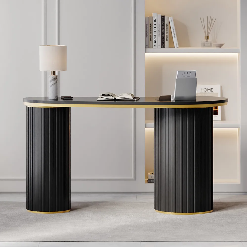55.1" Modern Black Curved Desk 3-Drawer Wooden Home Office Desk Double Pedestal — image 6