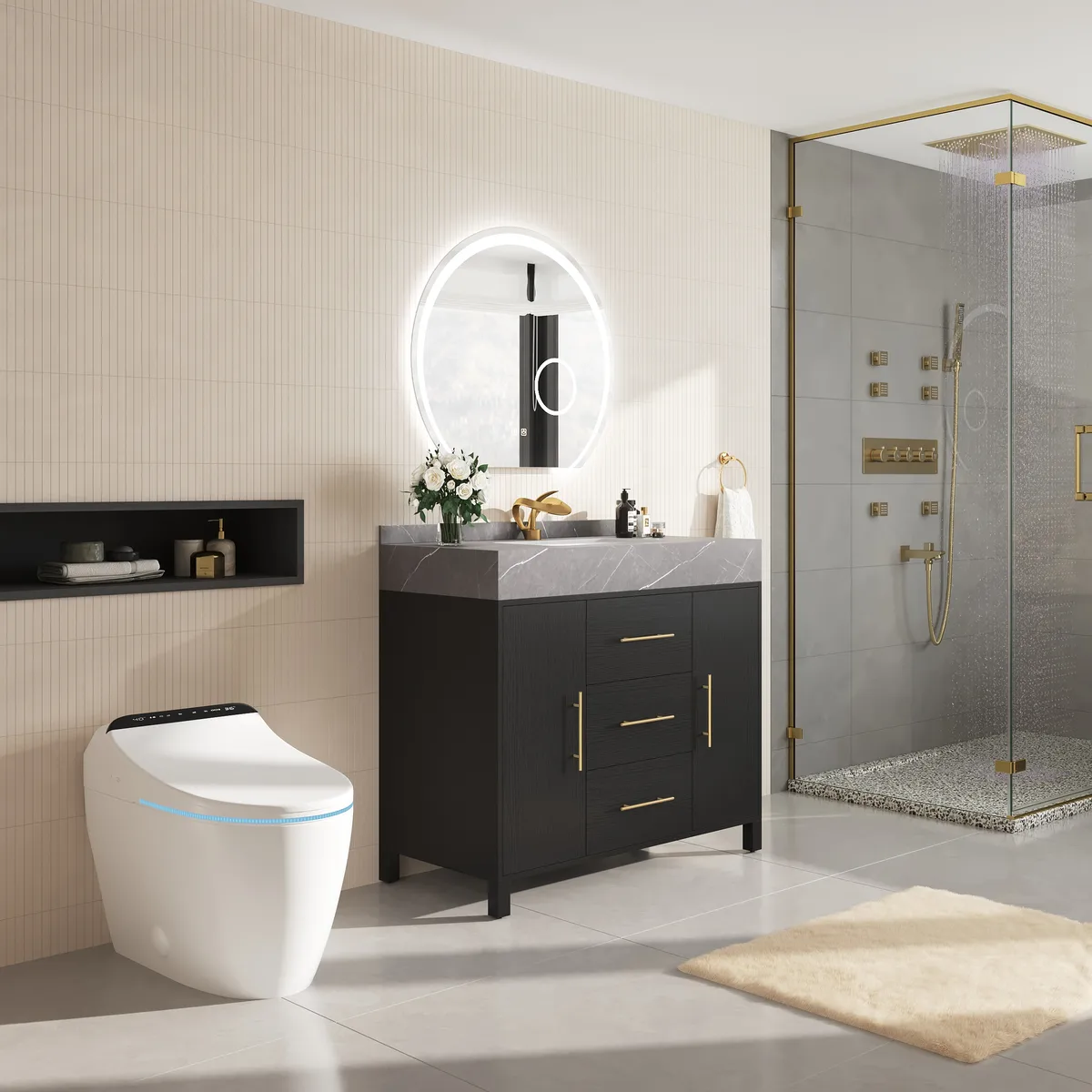 39" Walnut Freestanding Bathroom Vanity Sintered Stone Top & Silver Handles — image 23