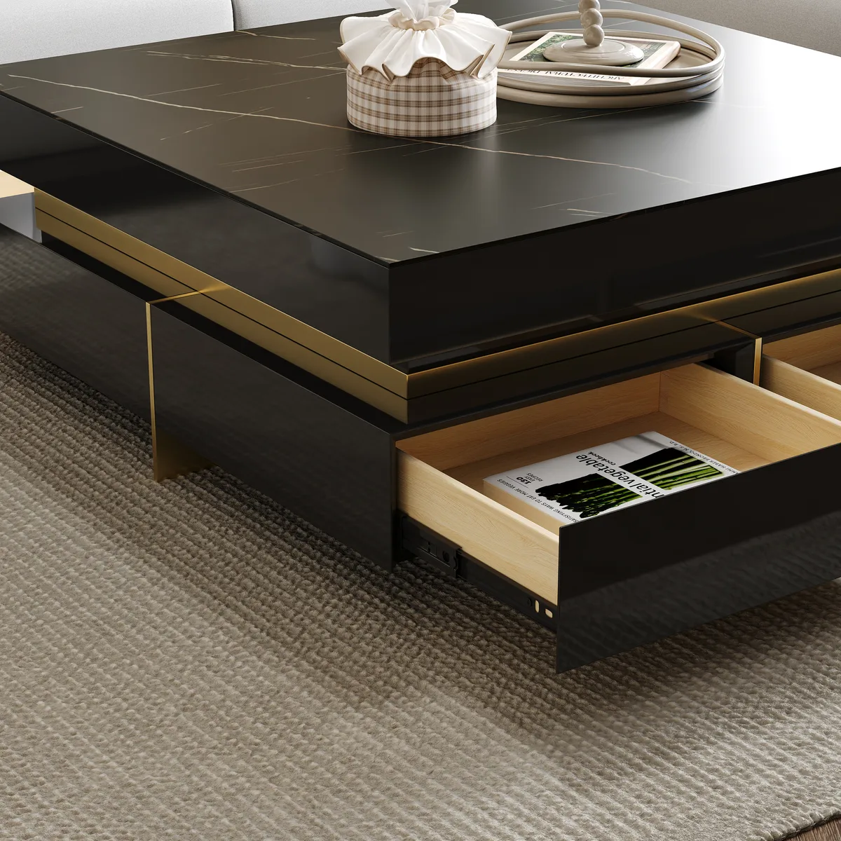 Black Modern Square Coffee Table with Drawers — image 6