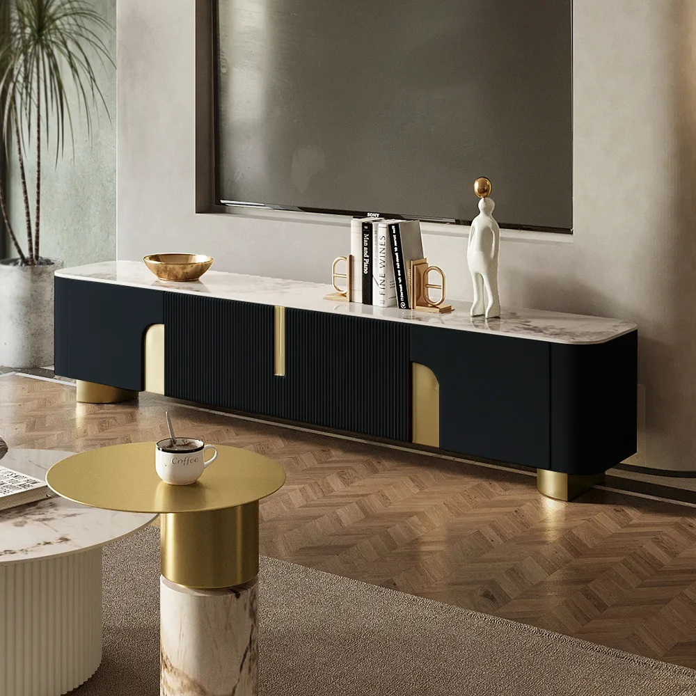 78.7" Stone Top Beige & Gold TV Stand with 4 Doors and Storage — image 13