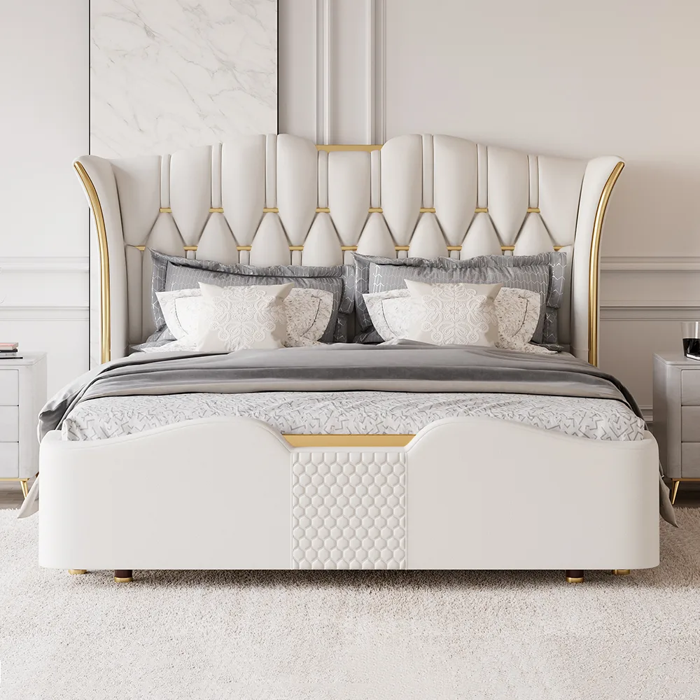 King Size Upholstered Leather Bed Frame with Tufted Wingback Headboard
