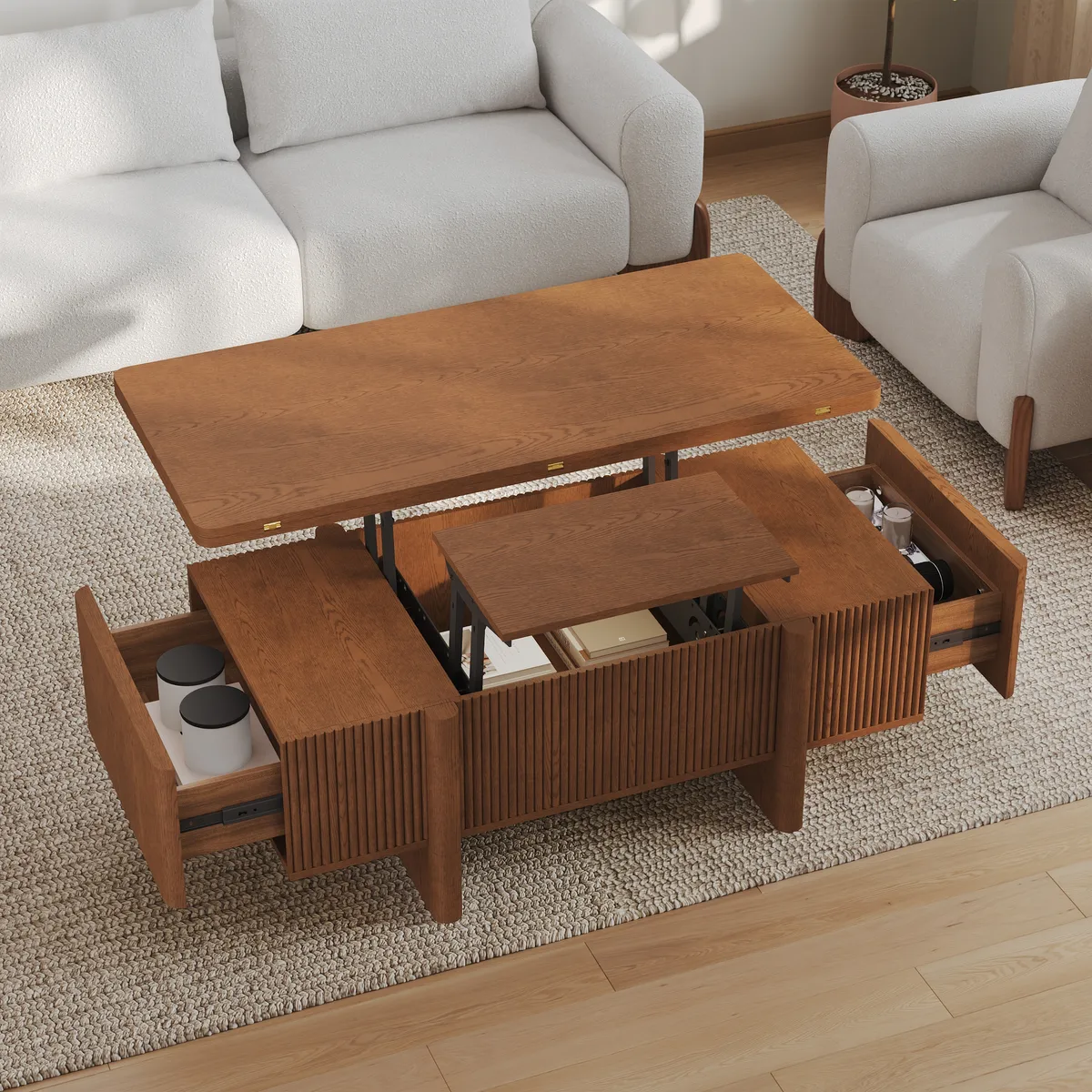 47" Fluted Lift-Top Walnut Coffee Table with 2 Drawers — image 3