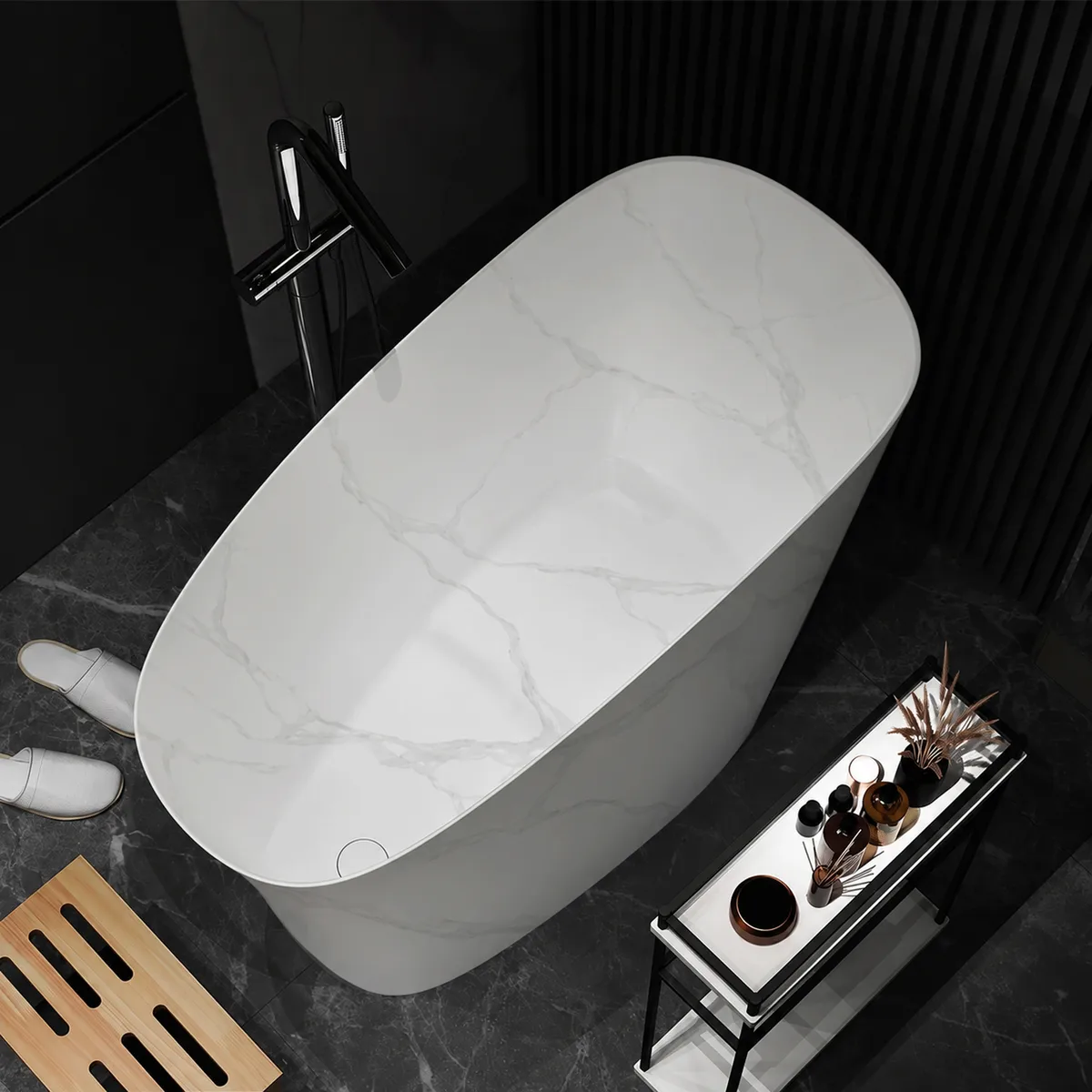 47" Japanese Irregular Freestanding Stone Resin Soaking Bathtub, Marble Look — image 13