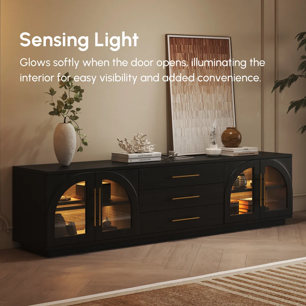 Arune 72" Arched Glass Doors Smoked Brown TV Stand with Storage and LED — image 26