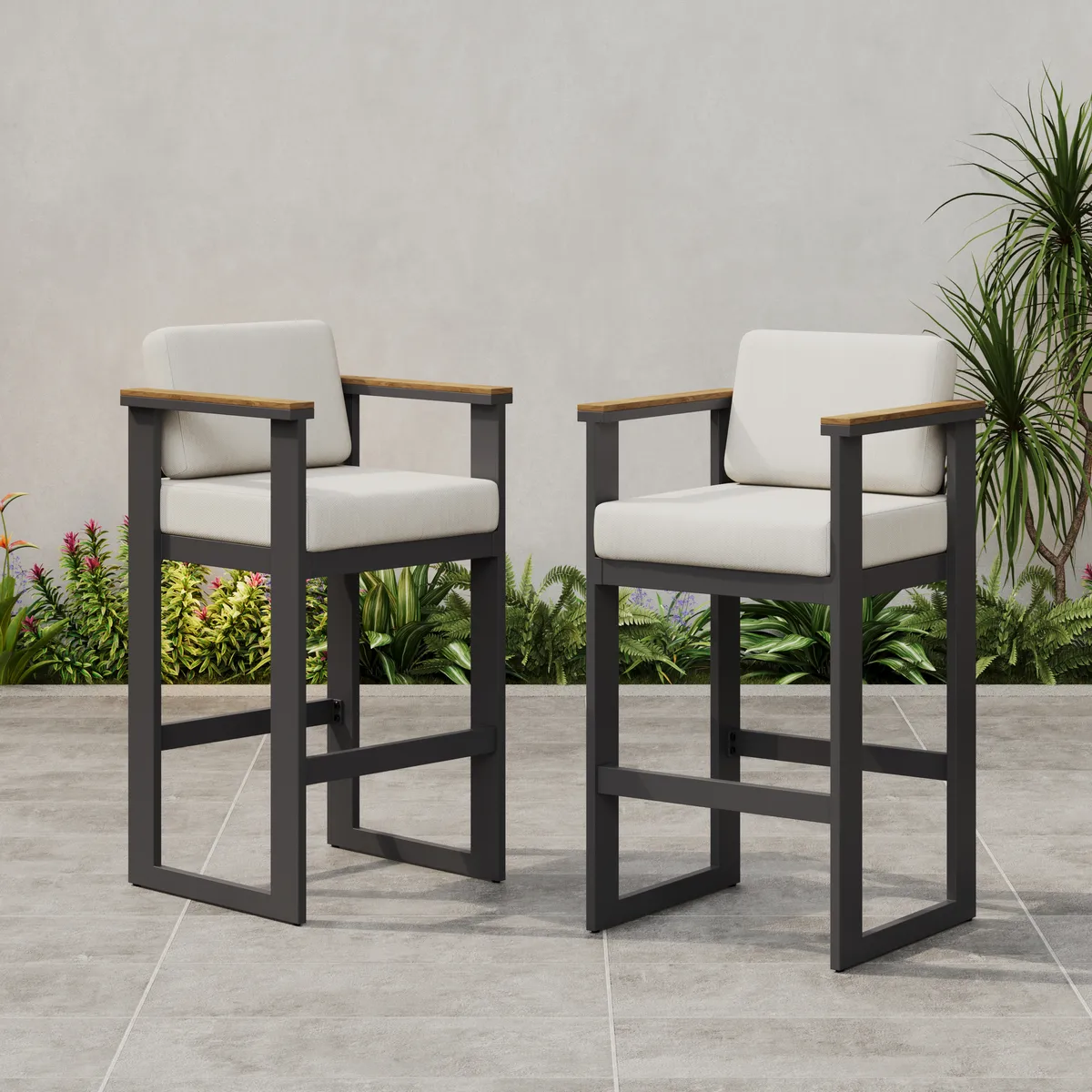 Tevara Outdoor Aluminum Frame & Teak Wood Armrest Bar Stools — image 23