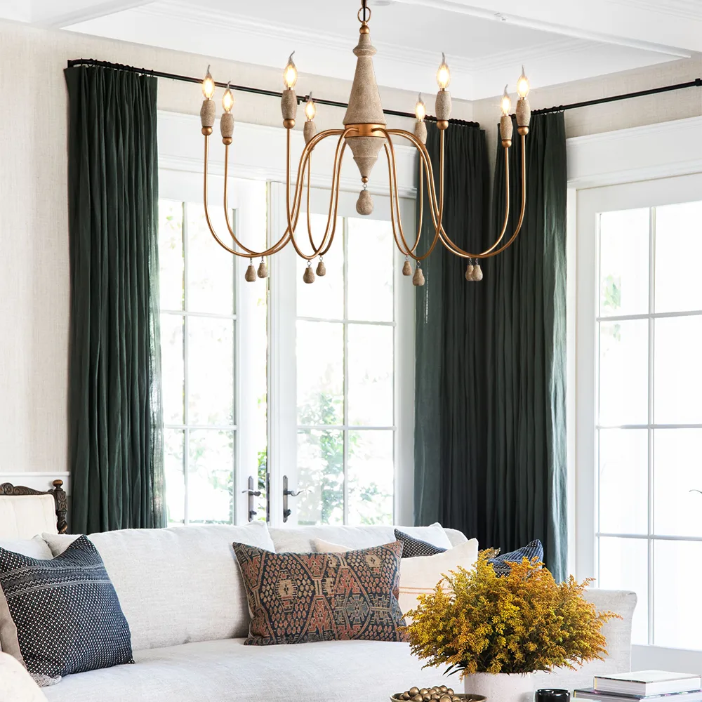 Mid-Century 8-Light Candle-Style Chandelier with Gold Ovated Wood Farmhouse Modern Pendant Light — image 8