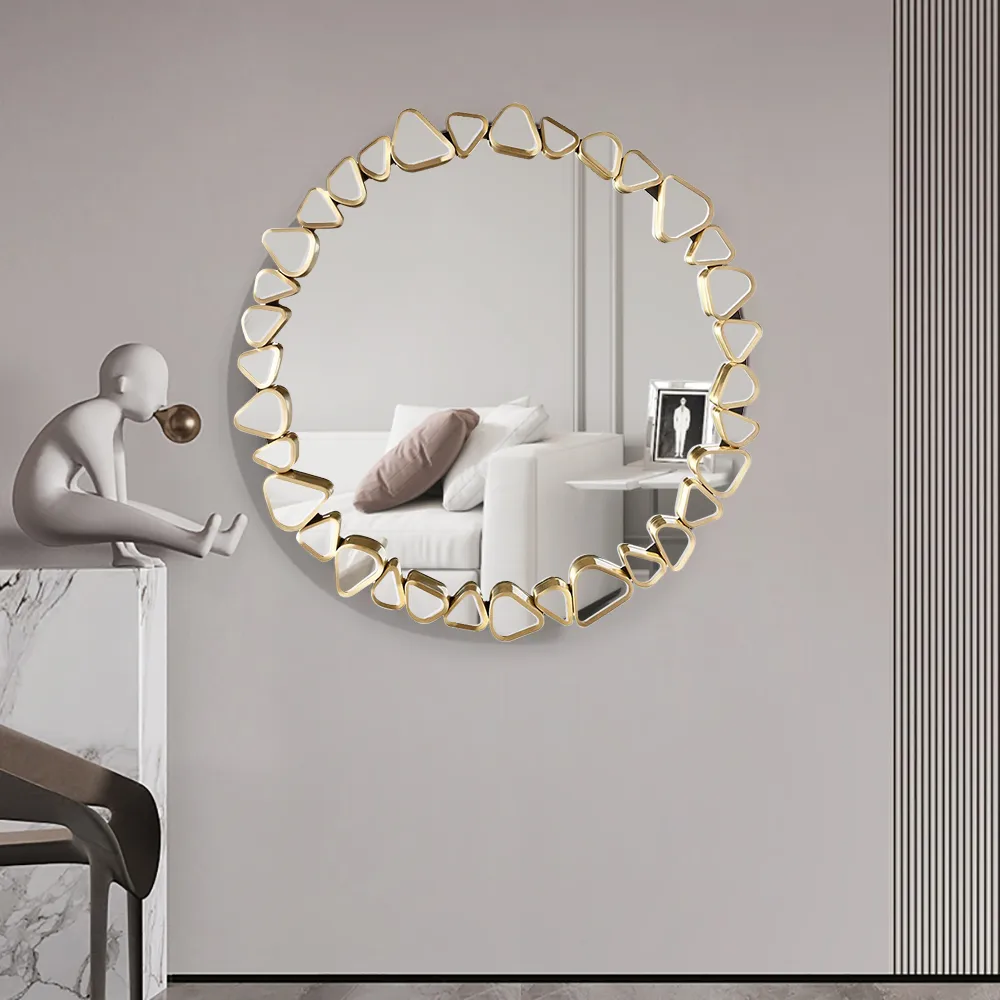 23.6" Modern Large Gold Round Pebble Wall Mirror Decor with Geometric Frame Living Room — image 4