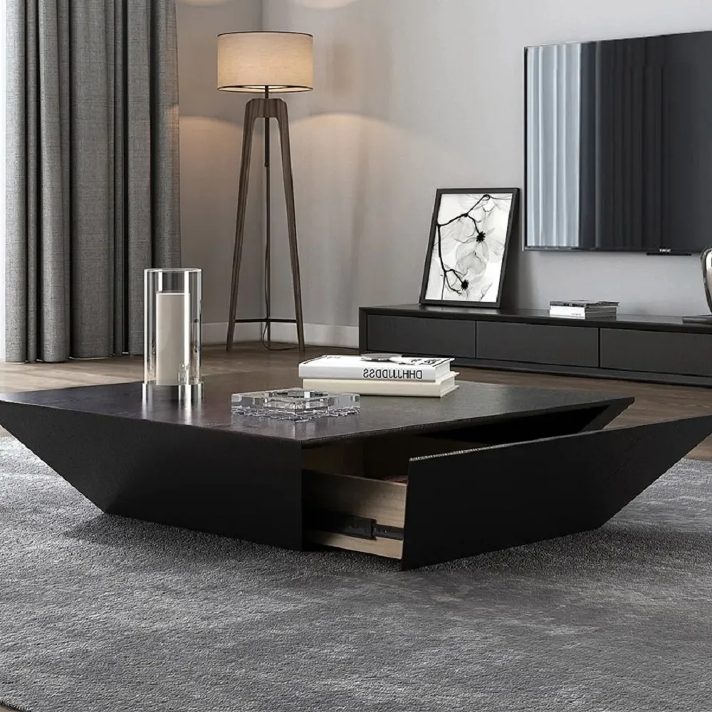 Modern Black Wood Coffee Table with Storage Square Drum with Drawer — image 2