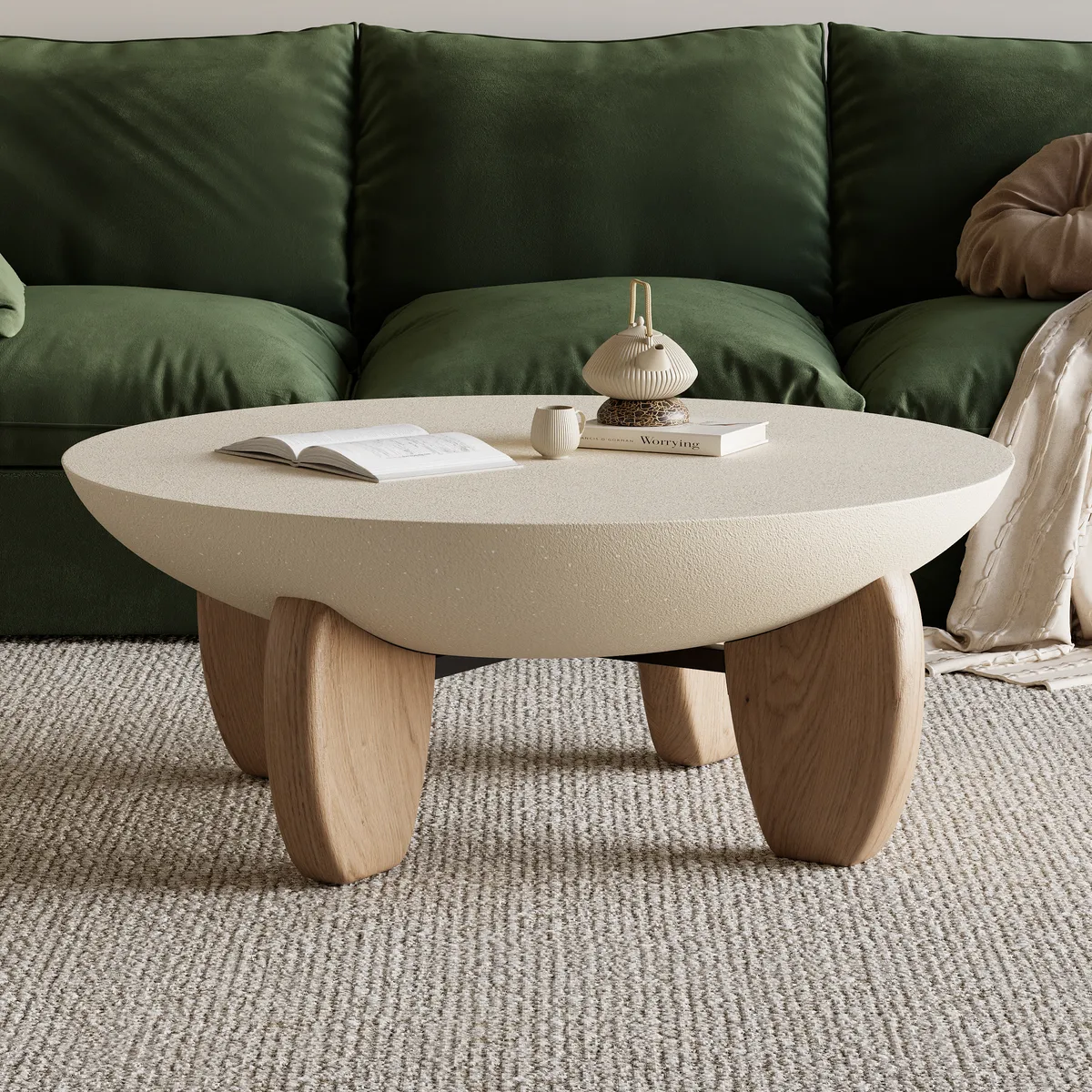 Curva Round Concrete Walnut Coffee Table with Wood Legs — image 22