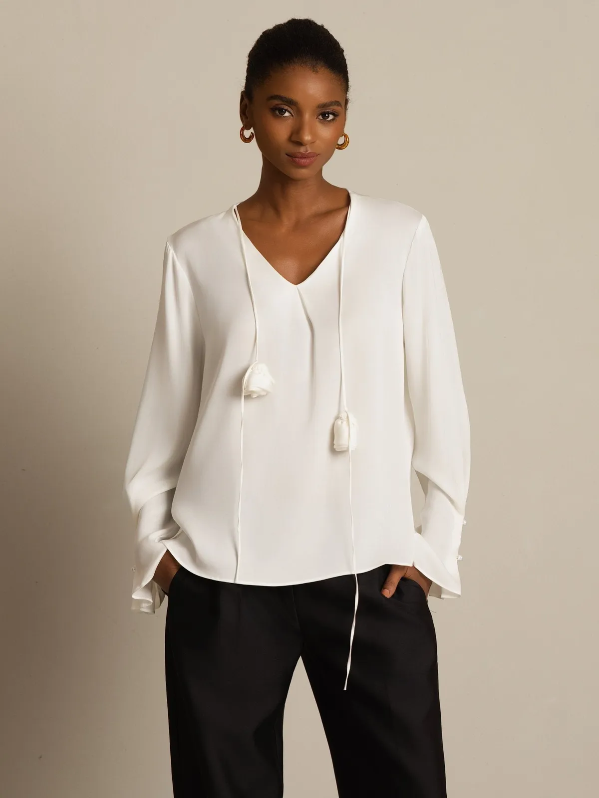 19Momme Silk Women's V Neck Long Sleeve Blouse With 3D Rose Detail — image 3