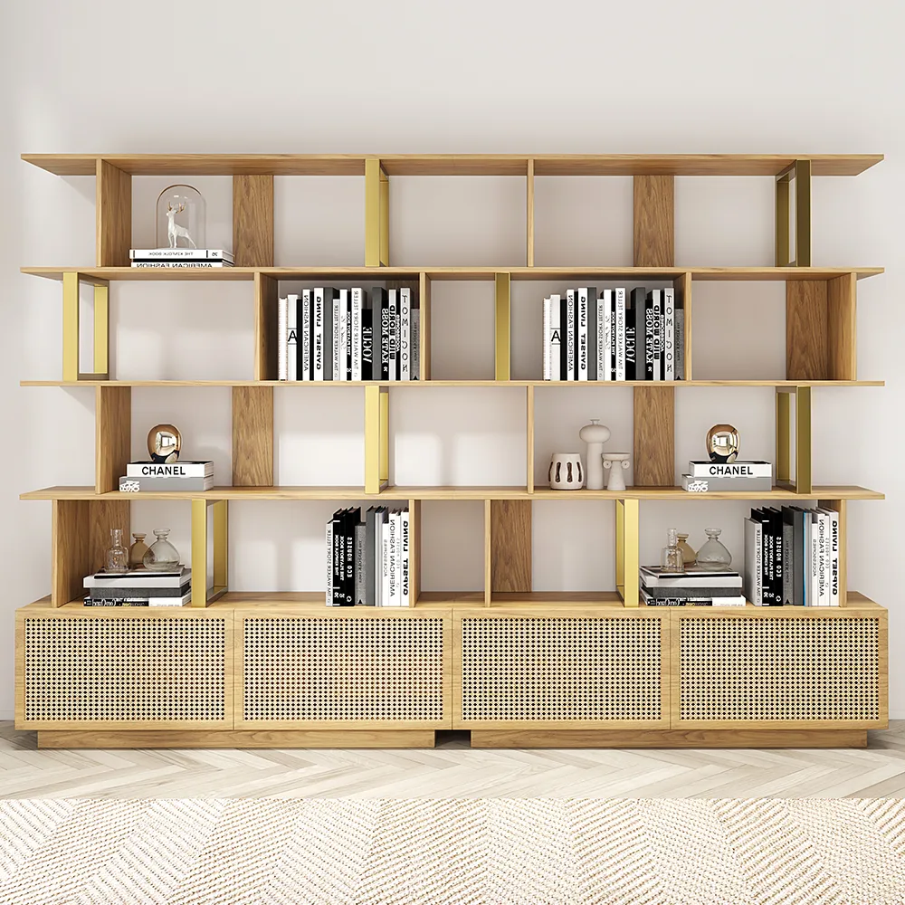 5-Tier Black Wood Bookshelf with 2 Doors Modern Bookcase in Gold Finish — image 14