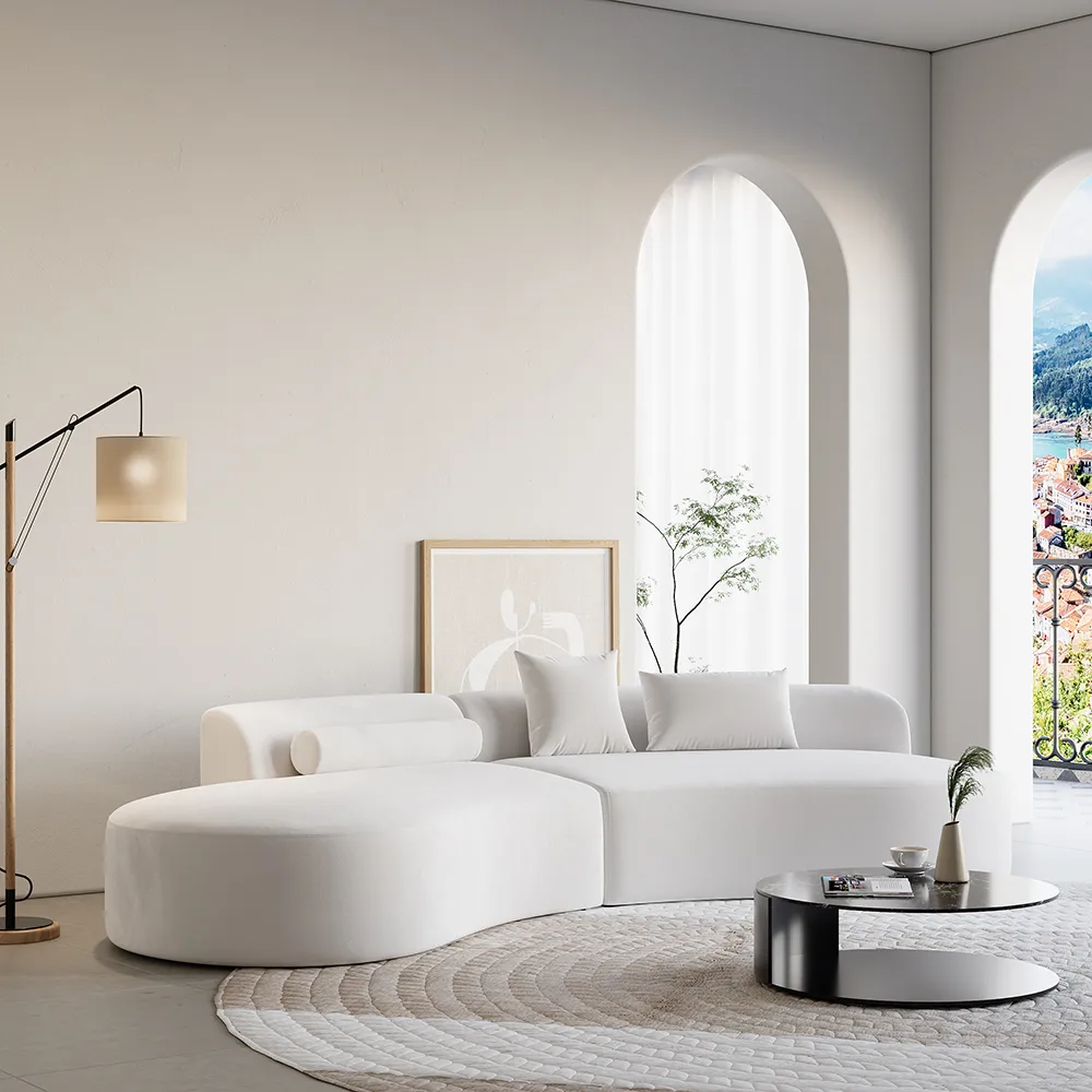 109" Modern White Curved Velvet Sectional Sofa 2 Piece 4-Seater Chaise with 3 Pillows
