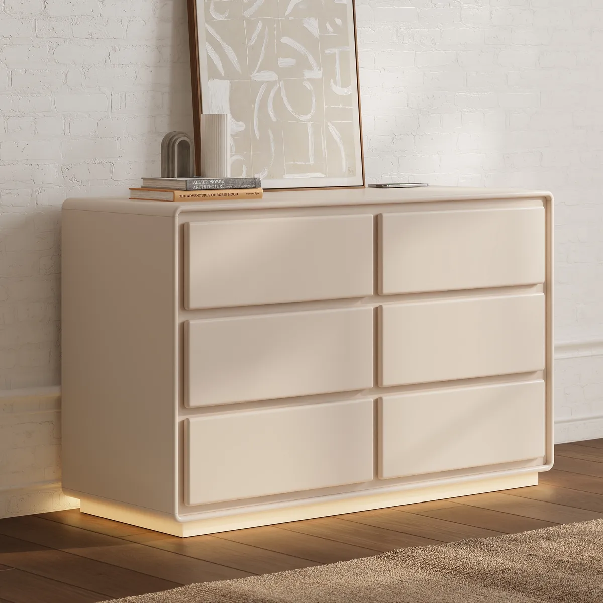 Haloa Modern 47" 6-Drawer Matte Warm White Dresser with Light and Charging Station — image 4