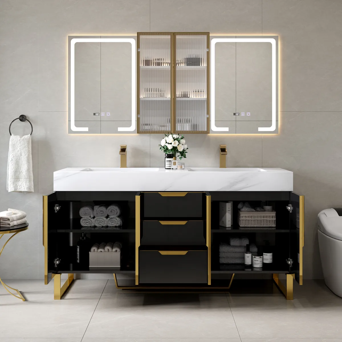 59" Double Sink Floating Vanity Set with LED Medicine Cabinet with Storage — image 19