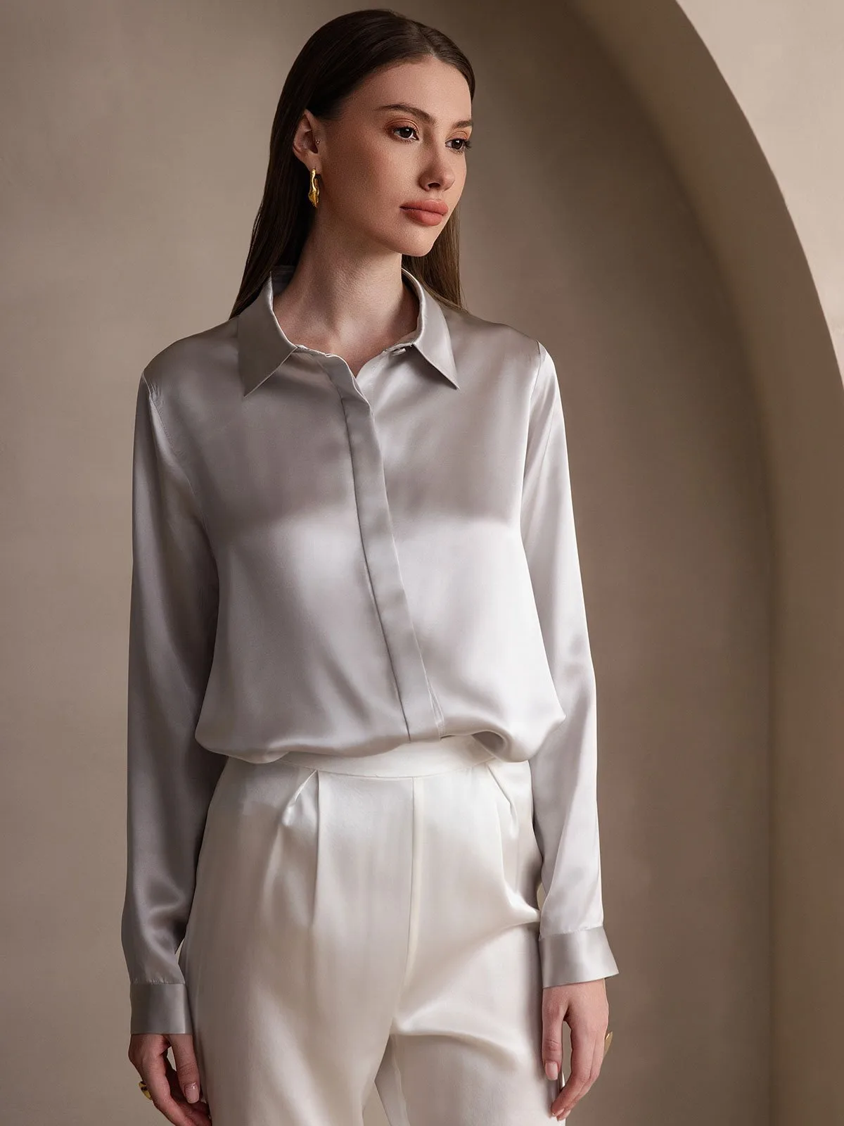 19Momme Silk Long Sleeve Lapel Collar Women's Shirt — image 9