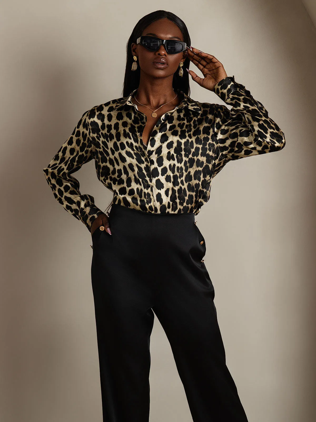 19Momme Silk Leopard Print Long Sleeve Lapel Collar Women's Shirt — image 5
