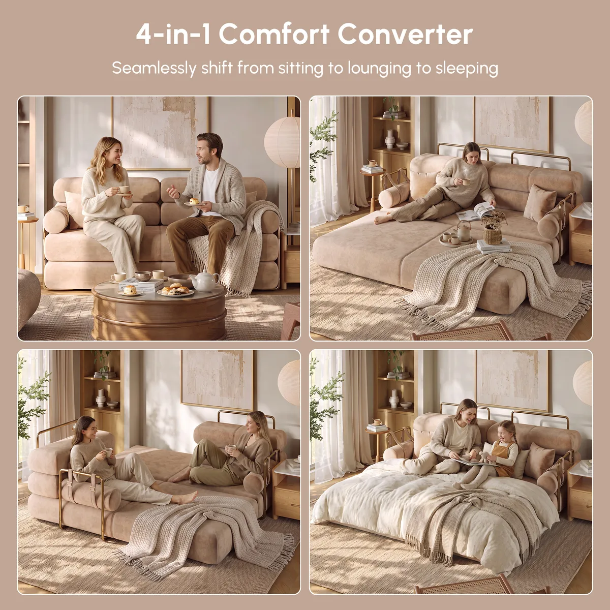 81" Queen 3-Seater Velvet 4 in 1 Futon Convertible Sleeper Sofa — image 9