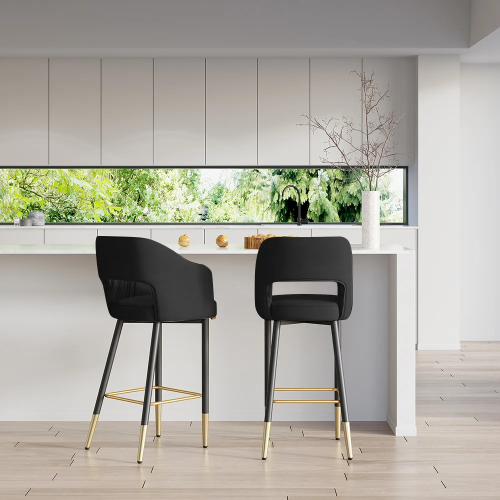 Modern Black Velvet Upholstered Bar Stool with Low Back & Footrest — image 3