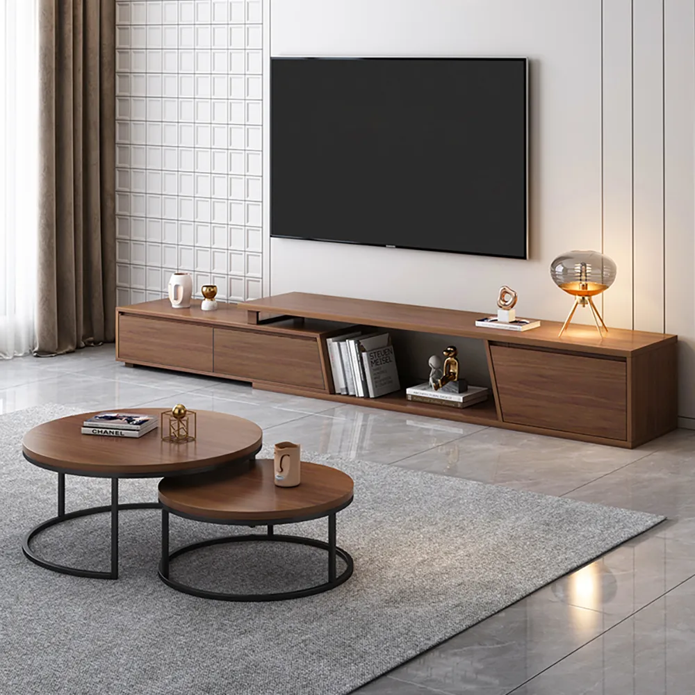 Living Room Cabinet Set Rectangle Gray Extendable TV Stand & Wood Round Nesting Coffee Table