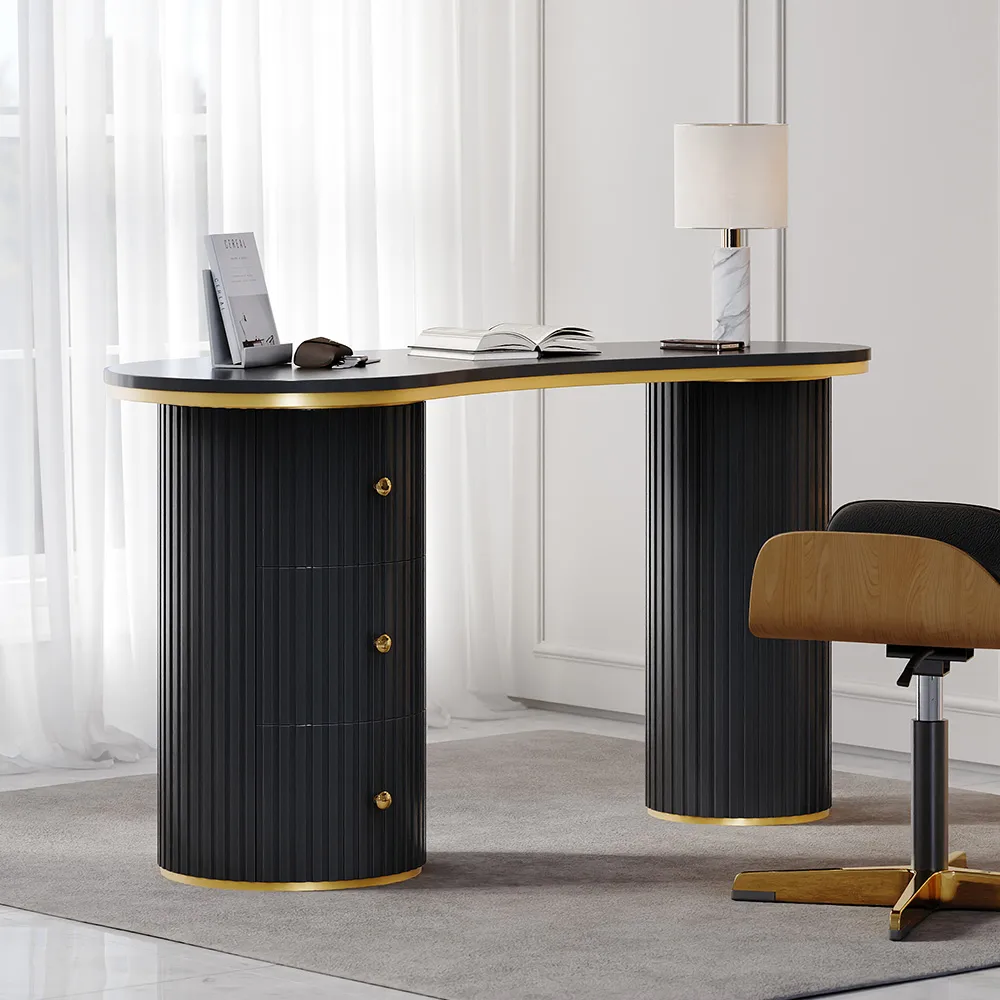55.1" Modern Black Curved Desk 3-Drawer Wooden Home Office Desk Double Pedestal — image 5