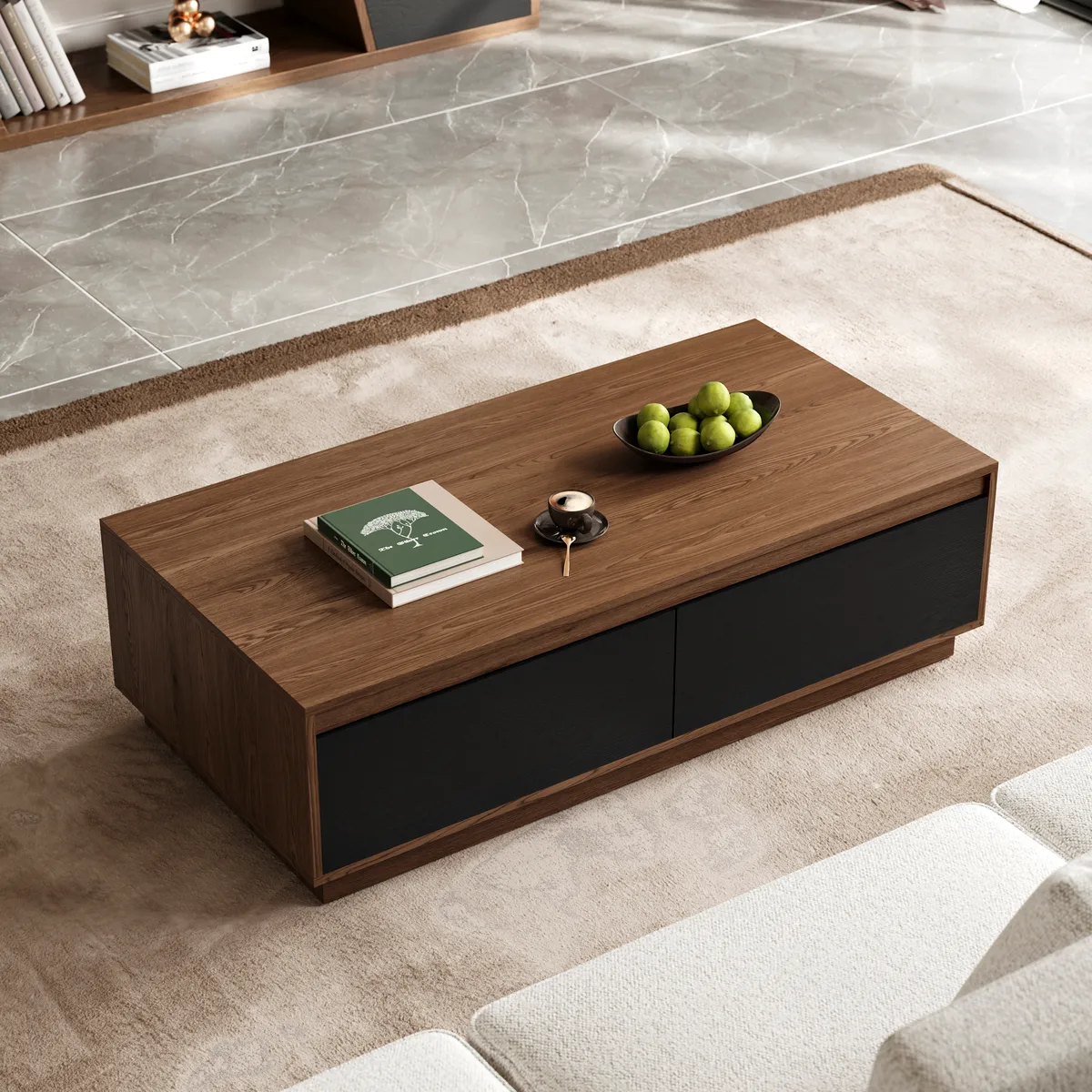 47" Mid Century Modern Gray Coffee Table Rectangular Block Living Room Table with Storage