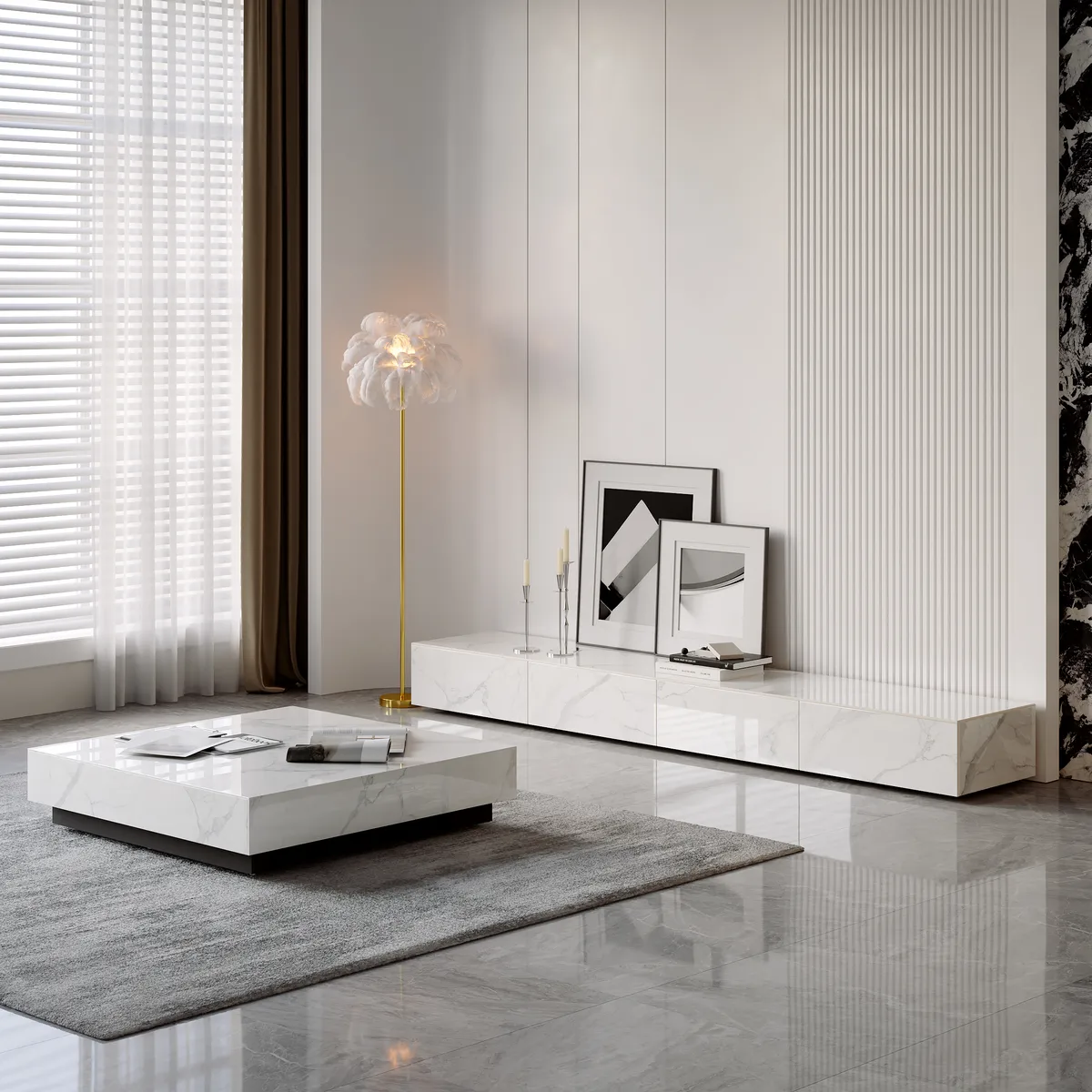 87" Black TV Stand Faux Marble with Storage for TVs Up — image 14